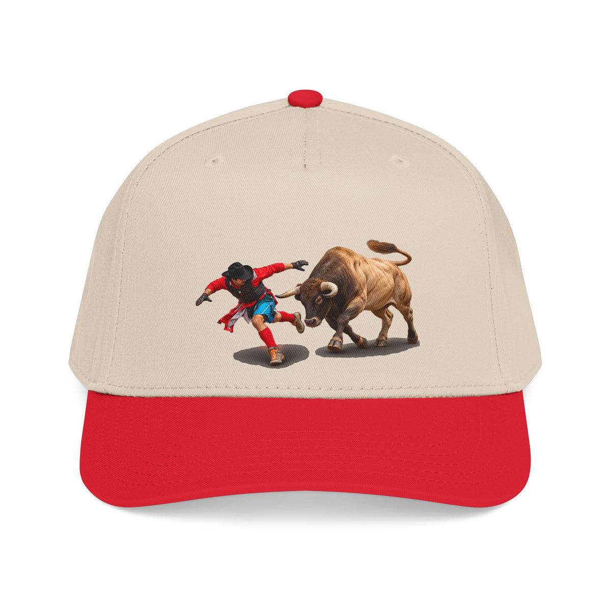 Mid Profile Baseball Cap — Cowboys - Bull Chasing Clown - Ground Shadow - without Text - 3D Transparent