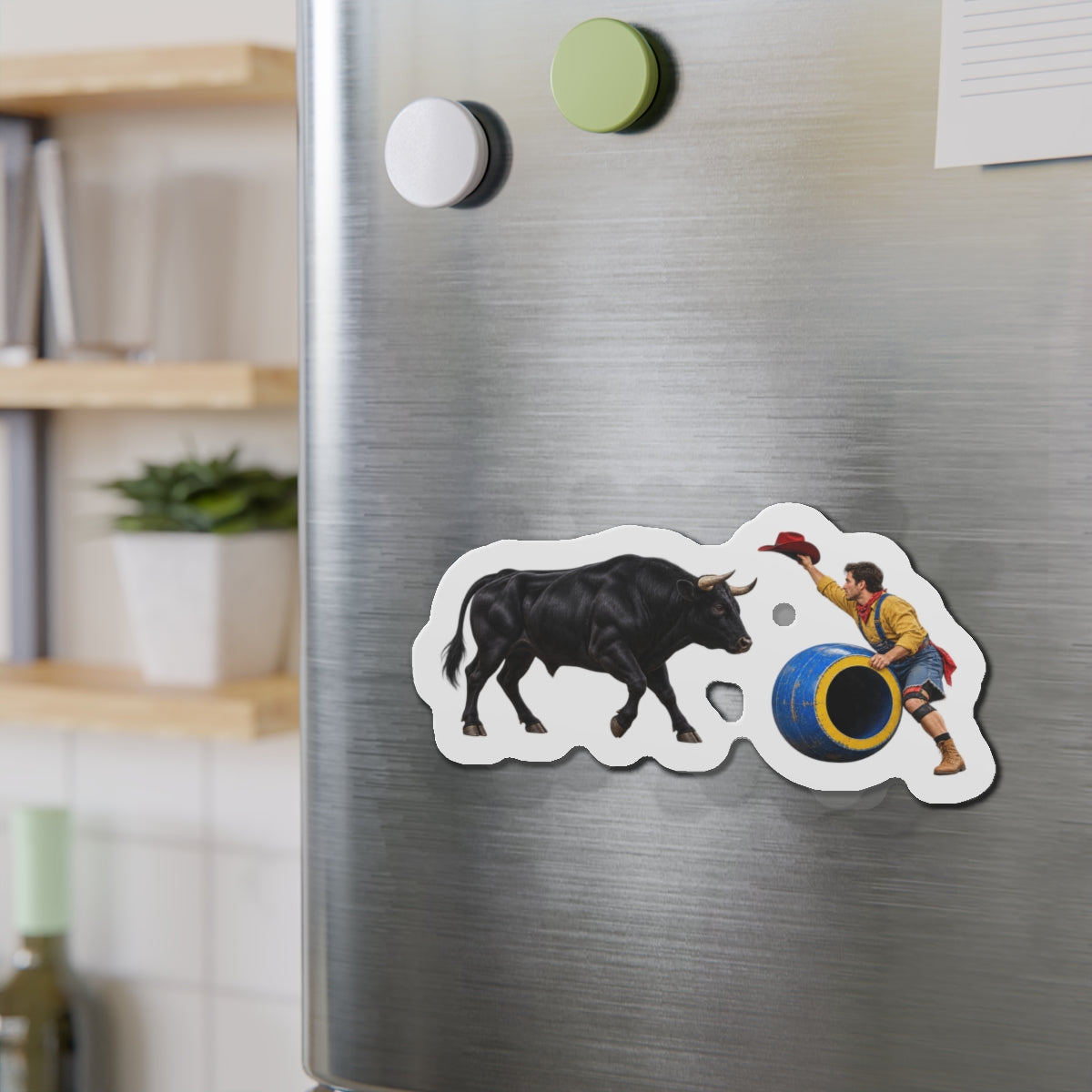 Die-Cut Magnets — Cowboys - Clown Teasing Bull, Barrel - 3D Transparent
