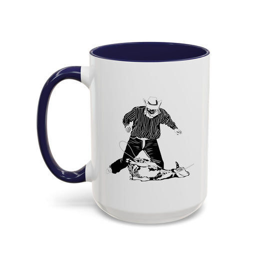 Accent Coffee Mug (11, 15oz) - Calf Roping - BW
