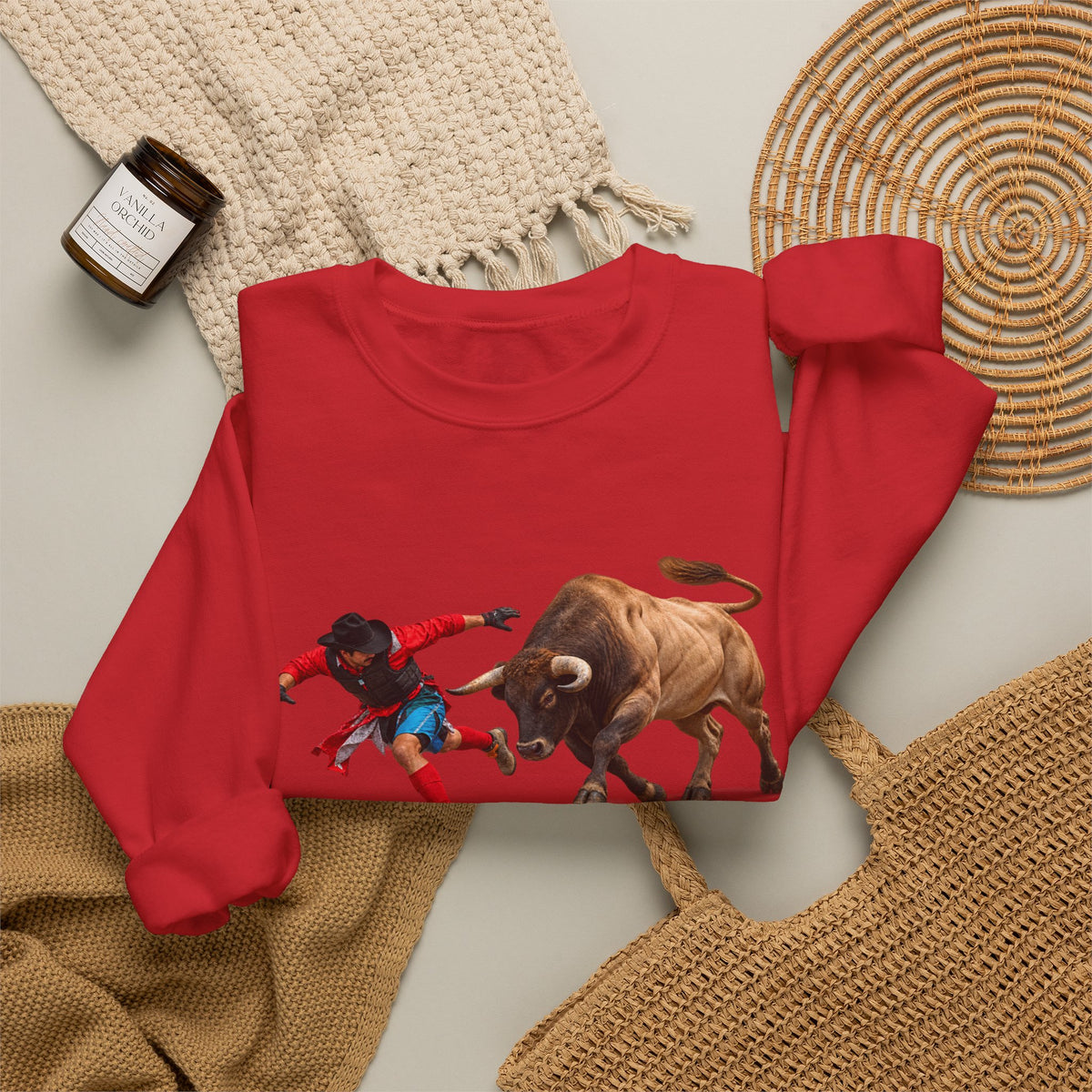 Crewneck Sweatshirt - Cowboys - Bull Chasing Clown - Ground Shadow - without Text - 3D Transparent