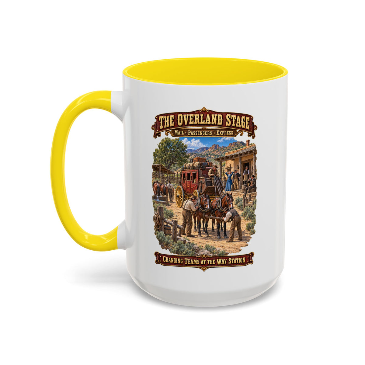 Accent Coffee Mug (11, 15oz) - Overland Stage - Changing Teams at the Way Station - 3D - Enhanced