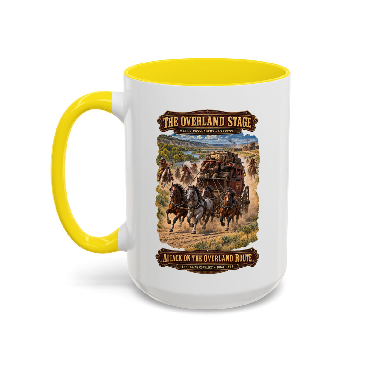 Accent Coffee Mug (11, 15oz) - Overland Stage - Indian Attack on the Trail - 3D - Enhanced