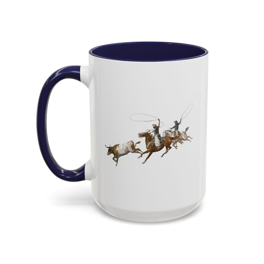 Accent Coffee Mug (11, 15oz) - 2 Cowboys Roping 1 Longhorn X 300