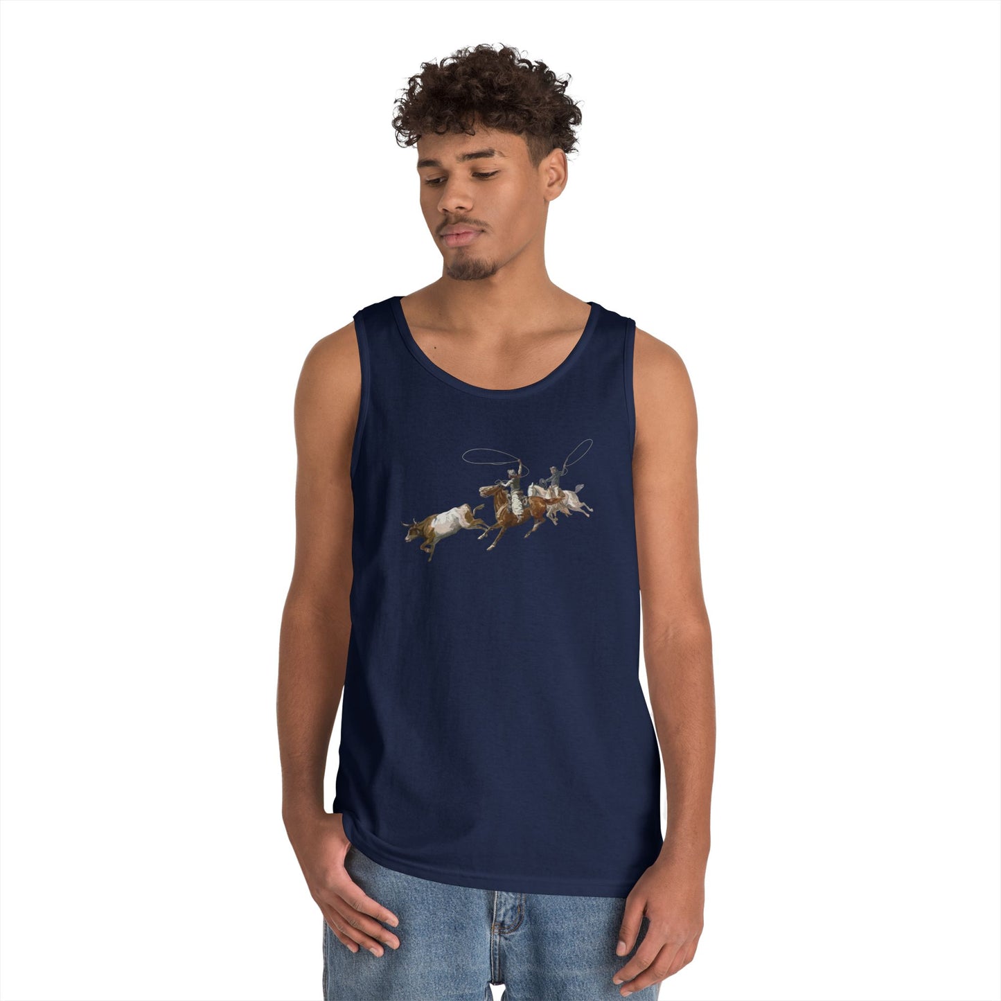 Unisex Heavy Cotton Tank Top - 2 Cowboys Roping 1 Longhorn X 300