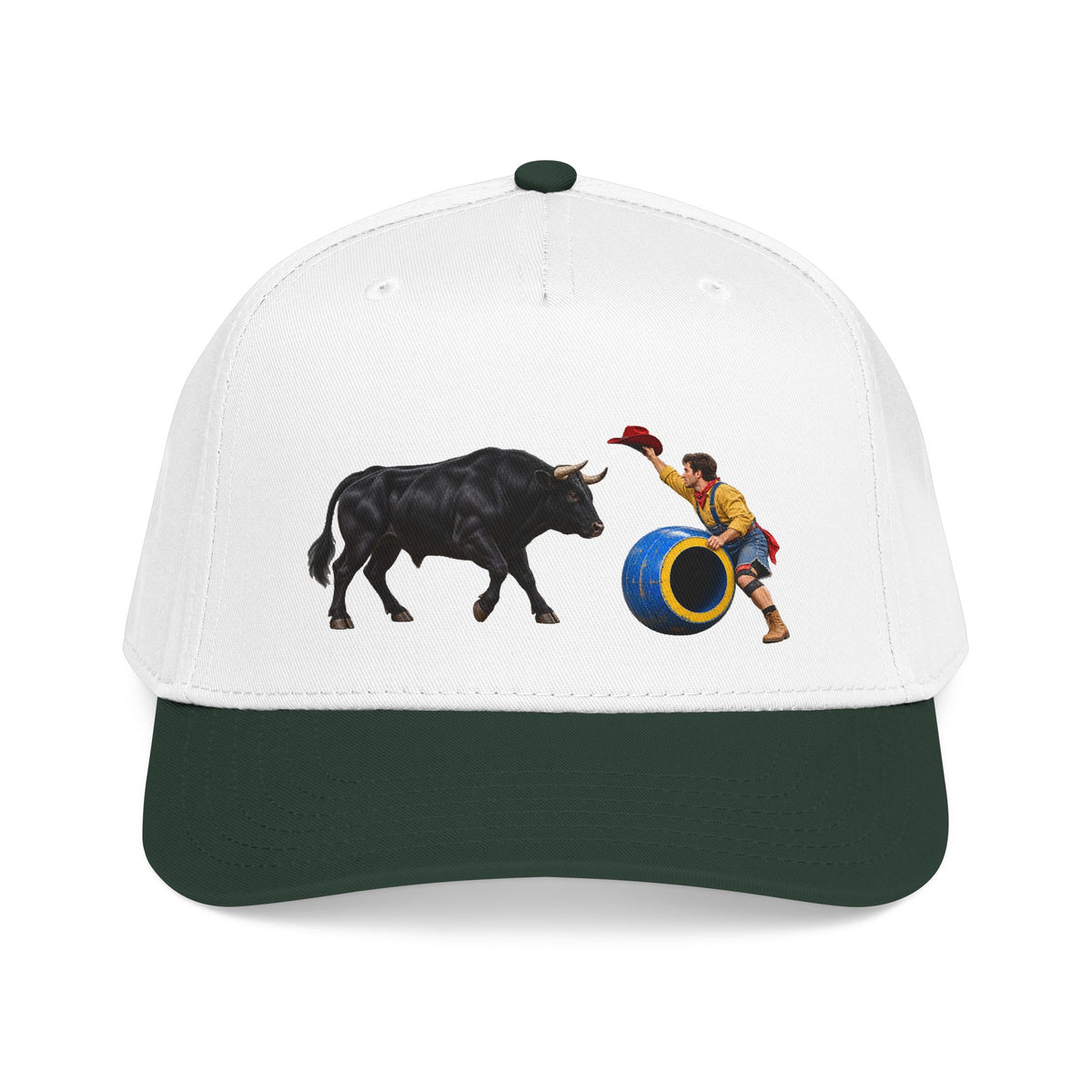 Mid Profile Baseball Cap — Cowboys - Clown Teasing Bull, Barrel - 3D Transparent