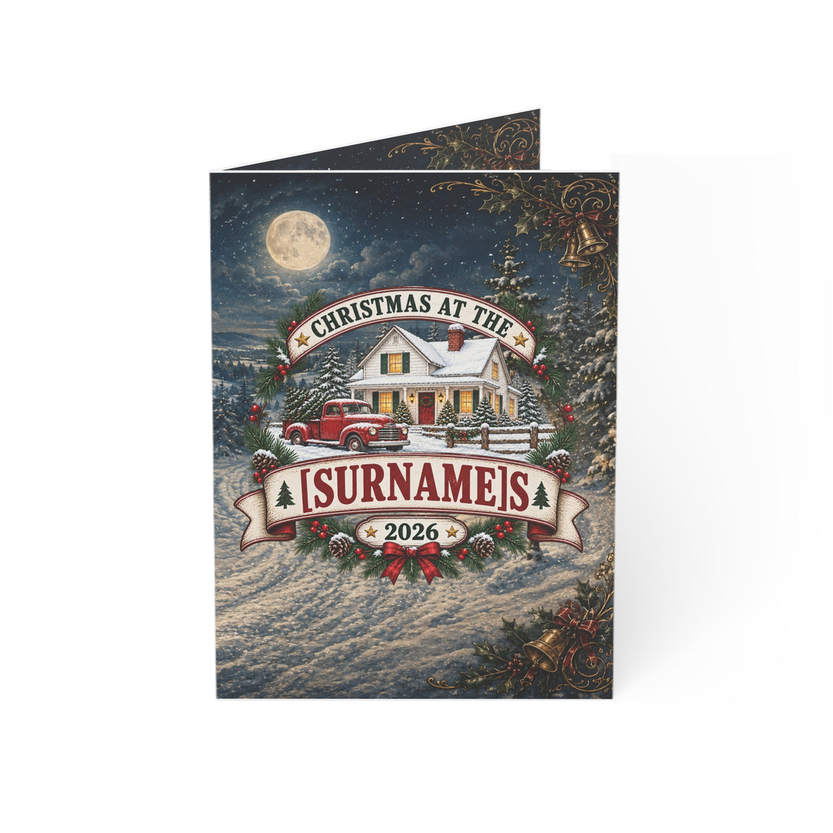 Personalized Christmas Cottage with Vintage Truck Greeting Card | Holiday Card 2026