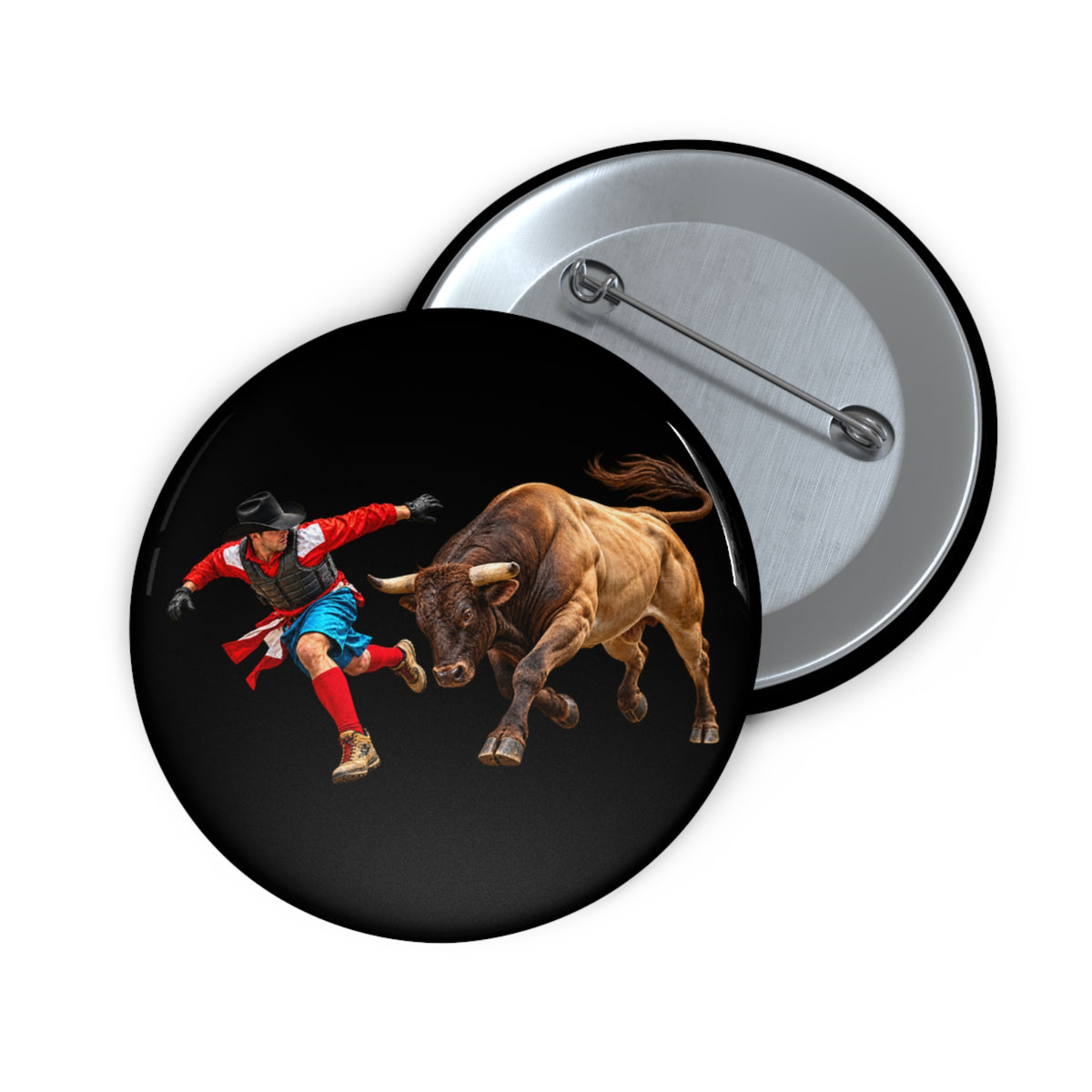 Custom Pin Buttons - Cowboys - Bull Chasing Clown - without Text - 3D Transparent