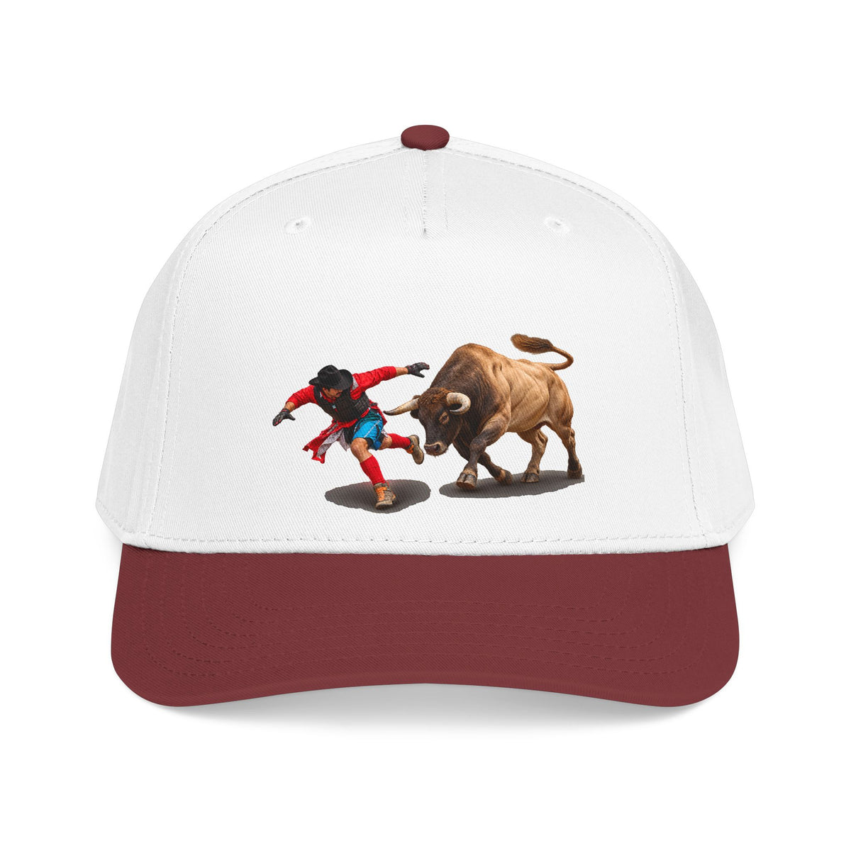 Mid Profile Baseball Cap — Cowboys - Bull Chasing Clown - Ground Shadow - without Text - 3D Transparent