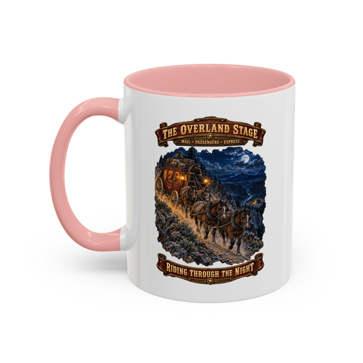 Accent Coffee Mug (11, 15oz) - Overland Stage - Robbers on the Trail - 3D - Enhanced
