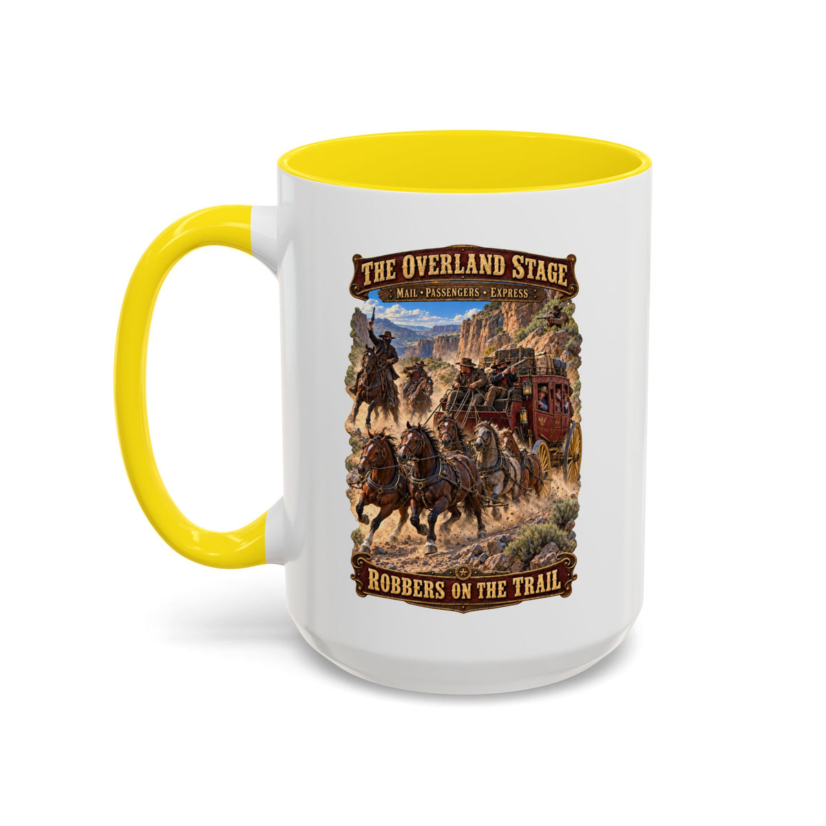Accent Coffee Mug (11, 15oz) - Overland Stage - Robbers on the Trail - 3D - Enhanced