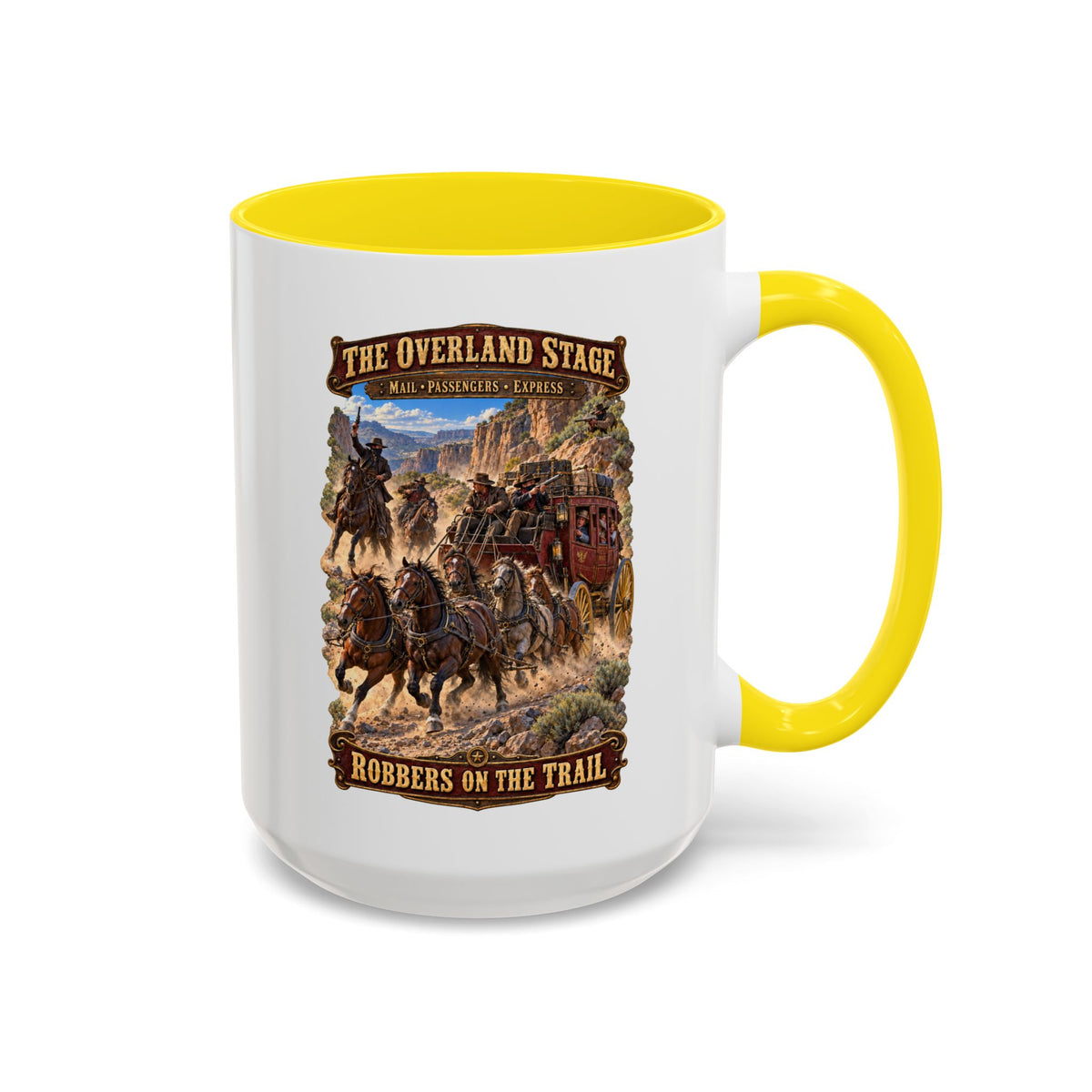 Accent Coffee Mug (11, 15oz) - Overland Stage - Robbers on the Trail - 3D - Enhanced