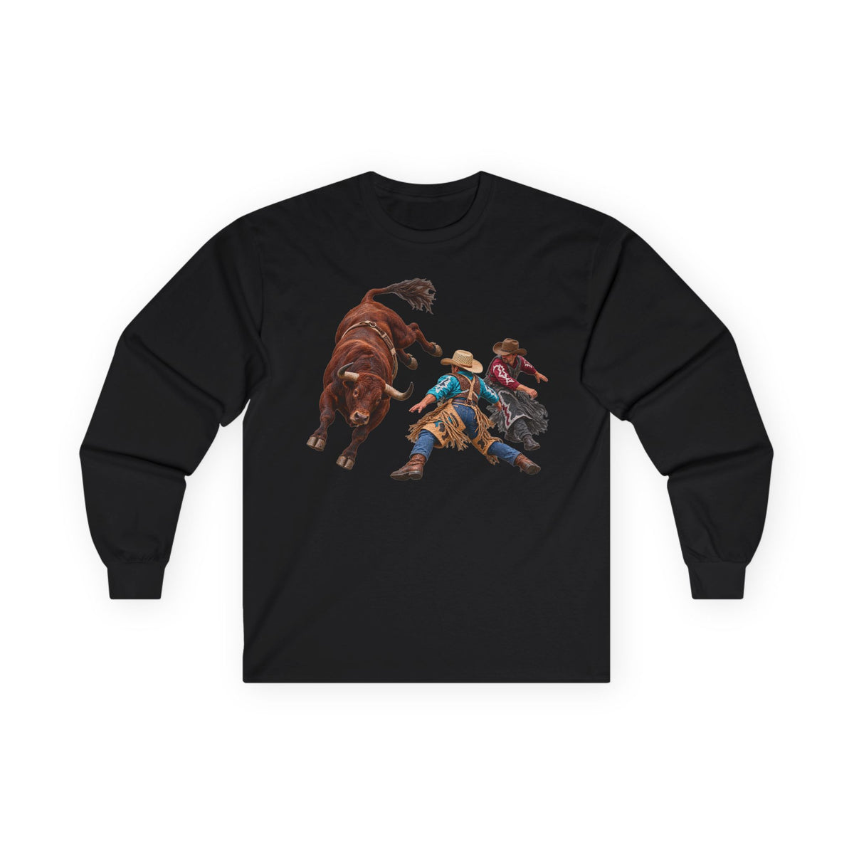 Unisex Ultra Cotton Long Sleeve Tee - Cowboys - Clowns and Brown Bull - without Text - 3D Transparent