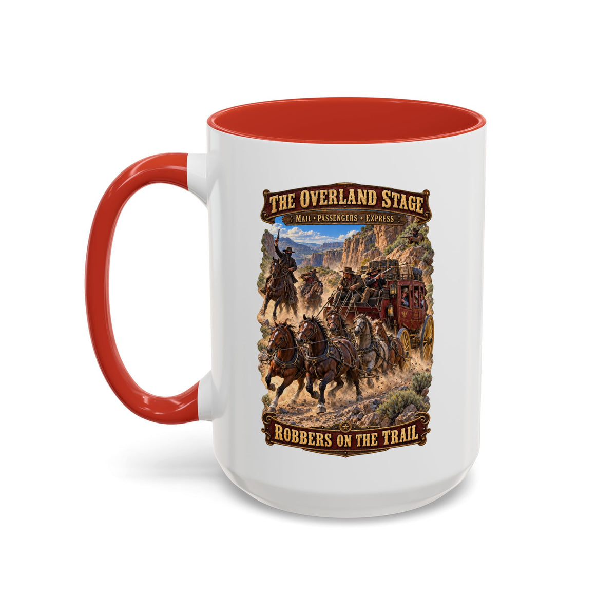 Accent Coffee Mug (11, 15oz) - Overland Stage - Robbers on the Trail - 3D - Enhanced