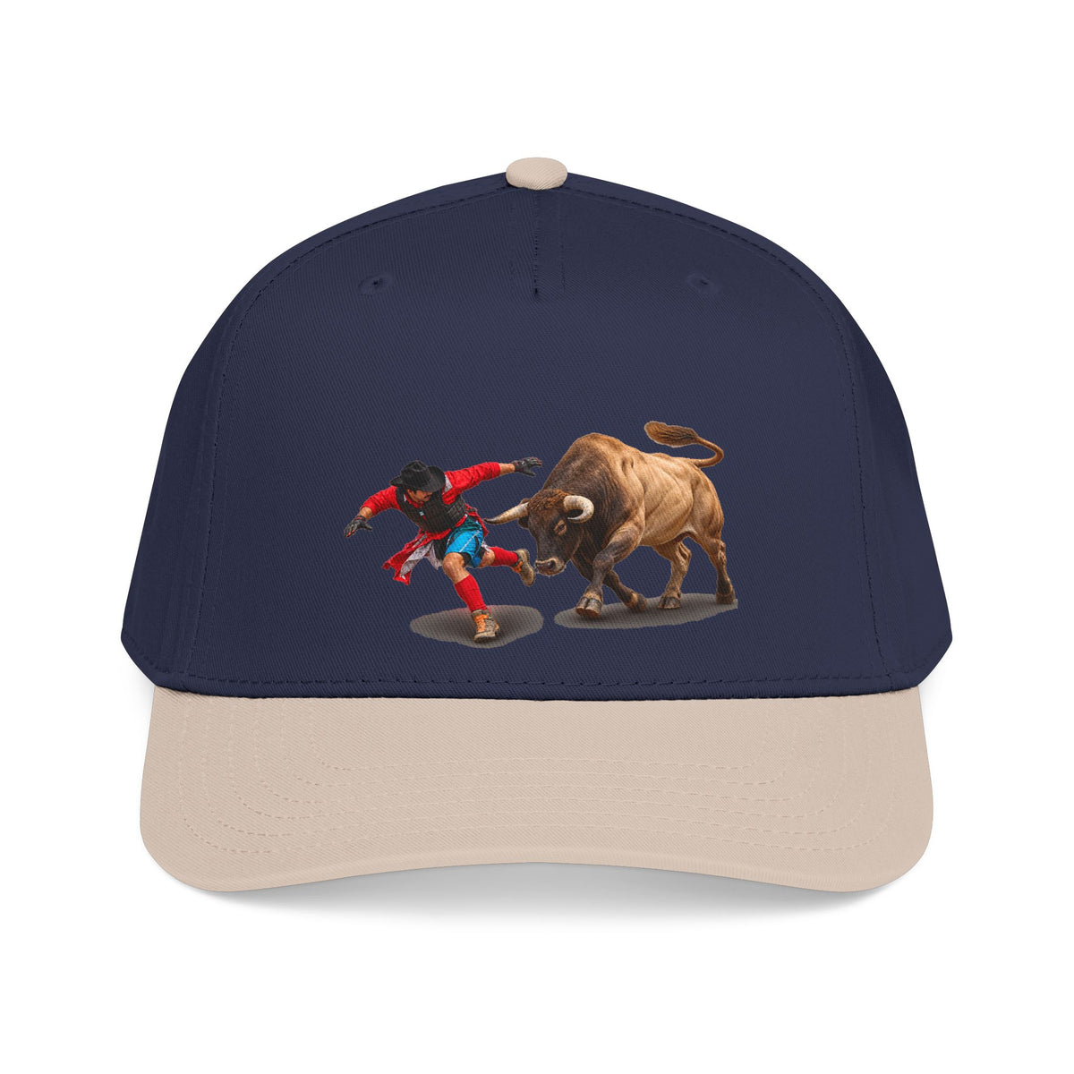 Mid Profile Baseball Cap — Cowboys - Bull Chasing Clown - Ground Shadow - without Text - 3D Transparent