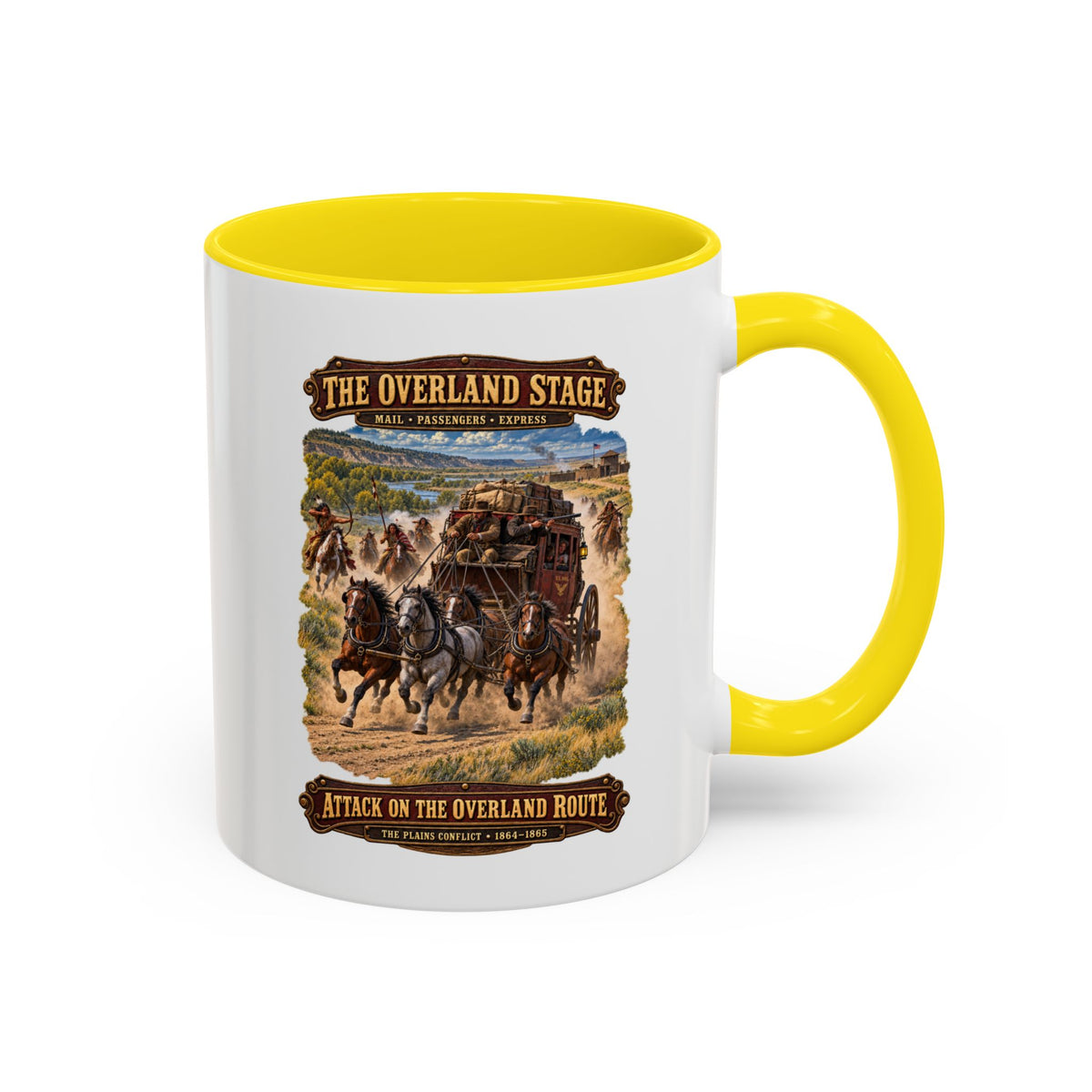 Accent Coffee Mug (11, 15oz) - Overland Stage - Indian Attack on the Trail - 3D - Enhanced