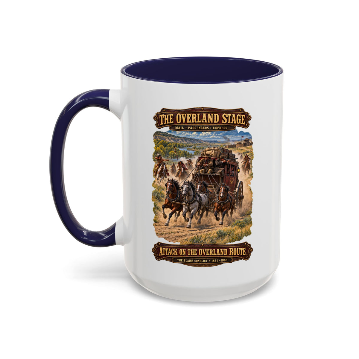Accent Coffee Mug (11, 15oz) - Overland Stage - Indian Attack on the Trail - 3D - Enhanced