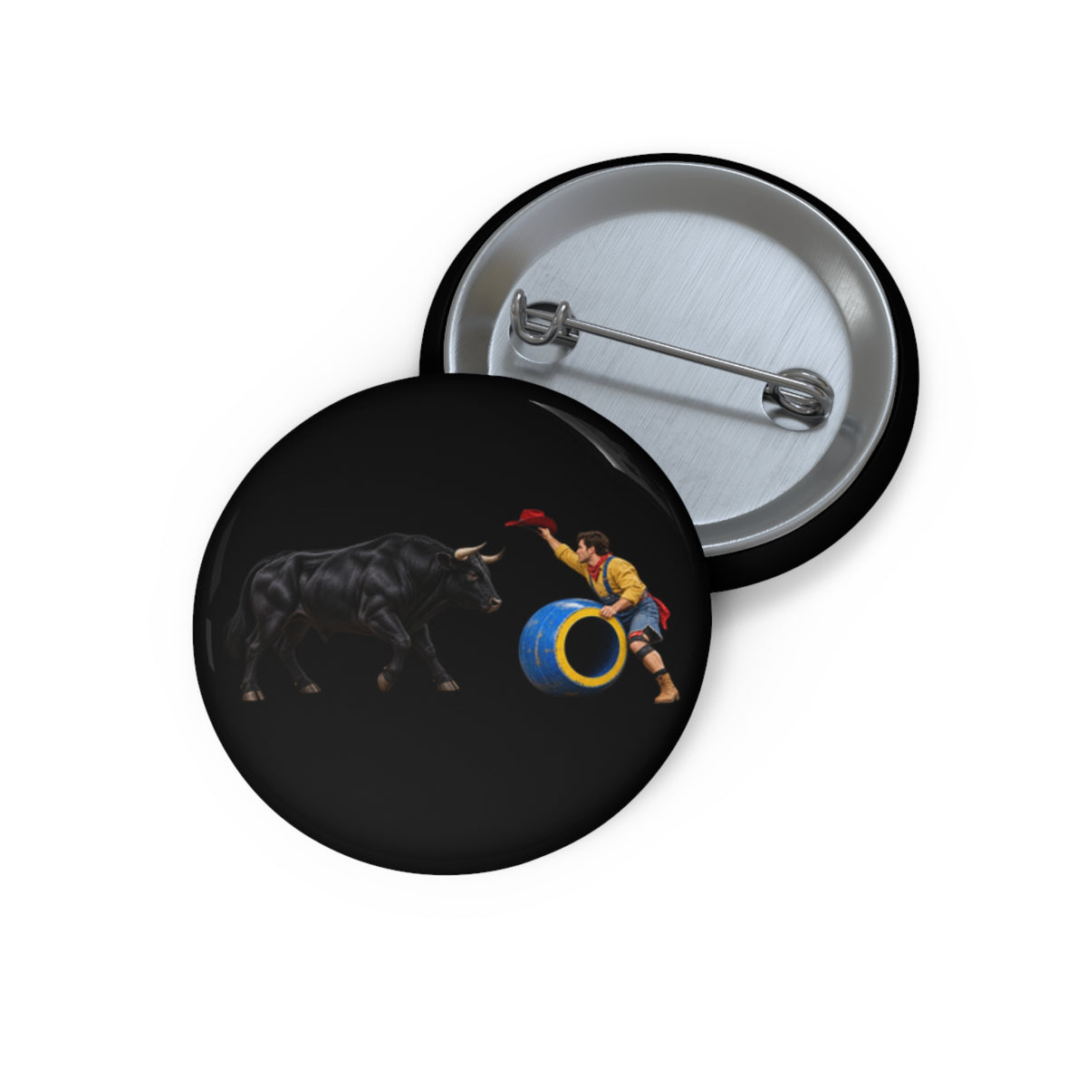 Custom Pin Buttons - Cowboys - Clown Teasing Bull, Barrel - 3D Transparent