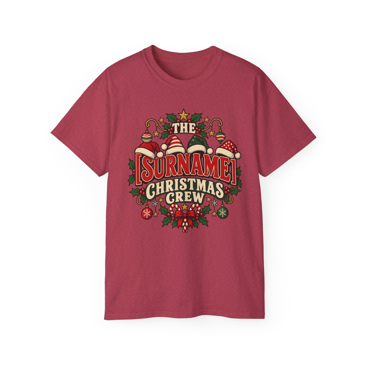 Unisex Ultra Cotton Tee - Retro Christmas Crew Crest with Santa Hats - Free Customization
