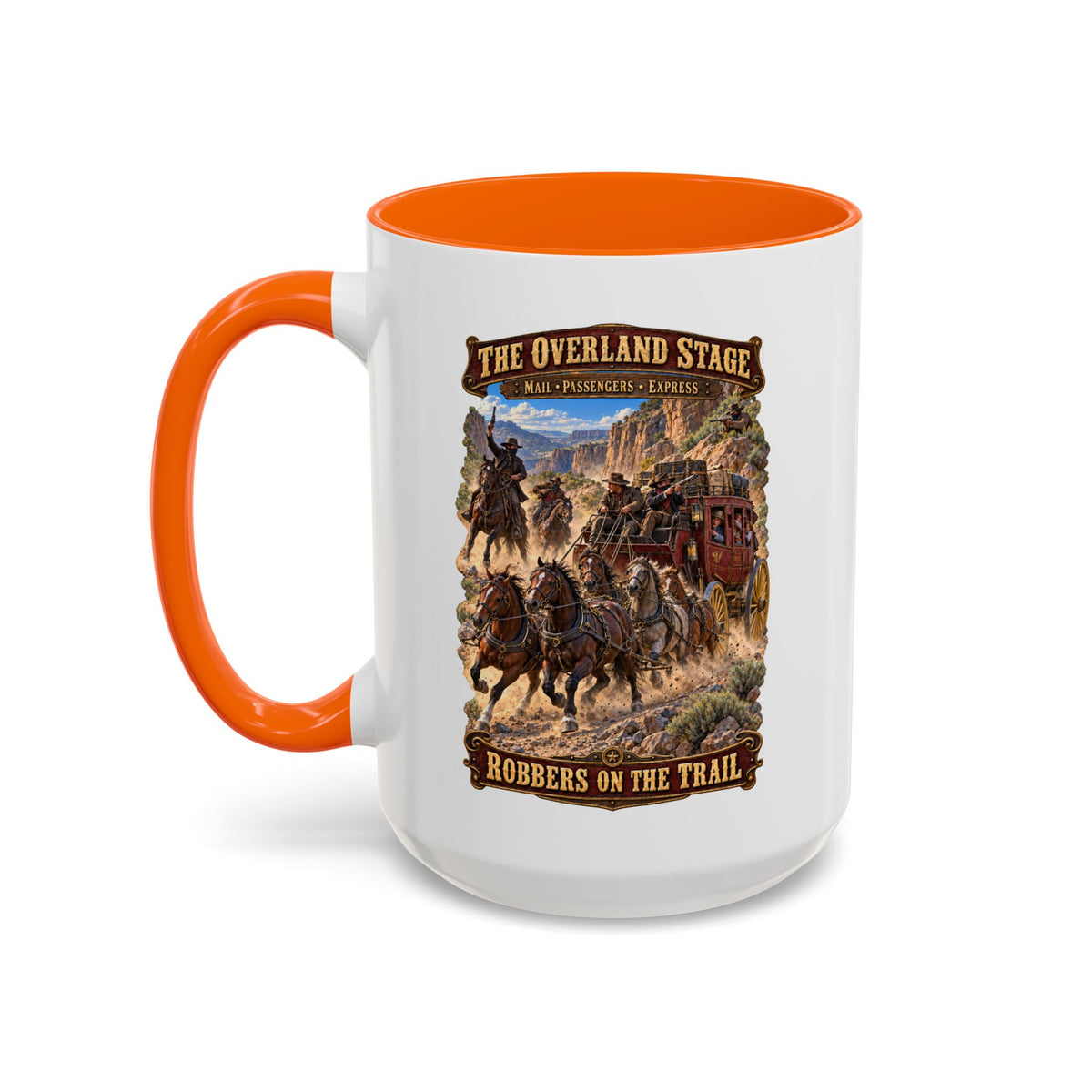 Accent Coffee Mug (11, 15oz) - Overland Stage - Robbers on the Trail - 3D - Enhanced