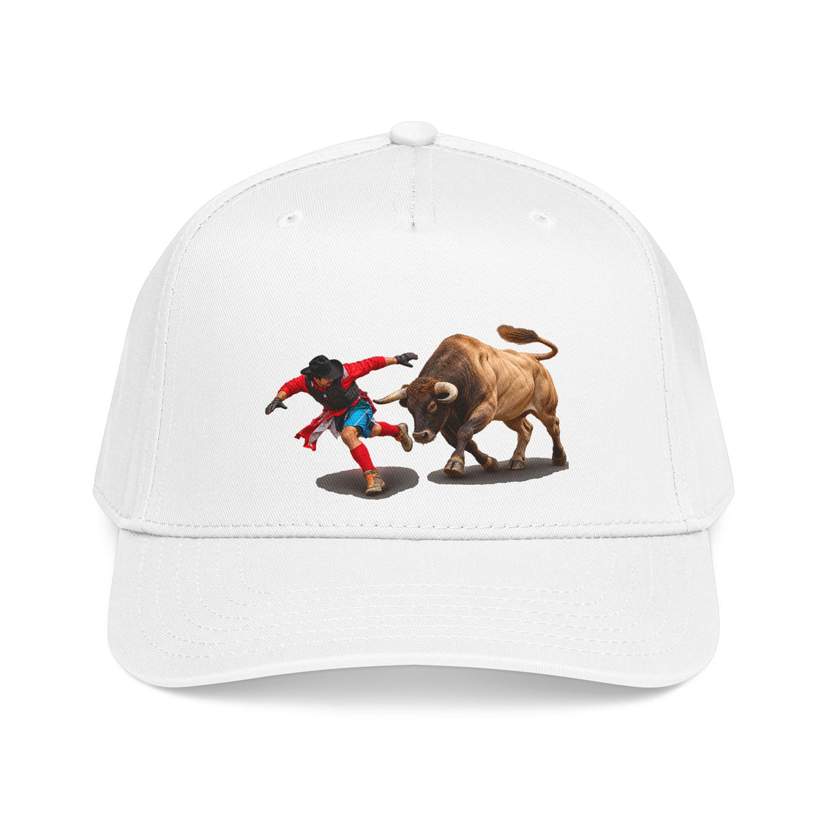 Mid Profile Baseball Cap — Cowboys - Bull Chasing Clown - Ground Shadow - without Text - 3D Transparent