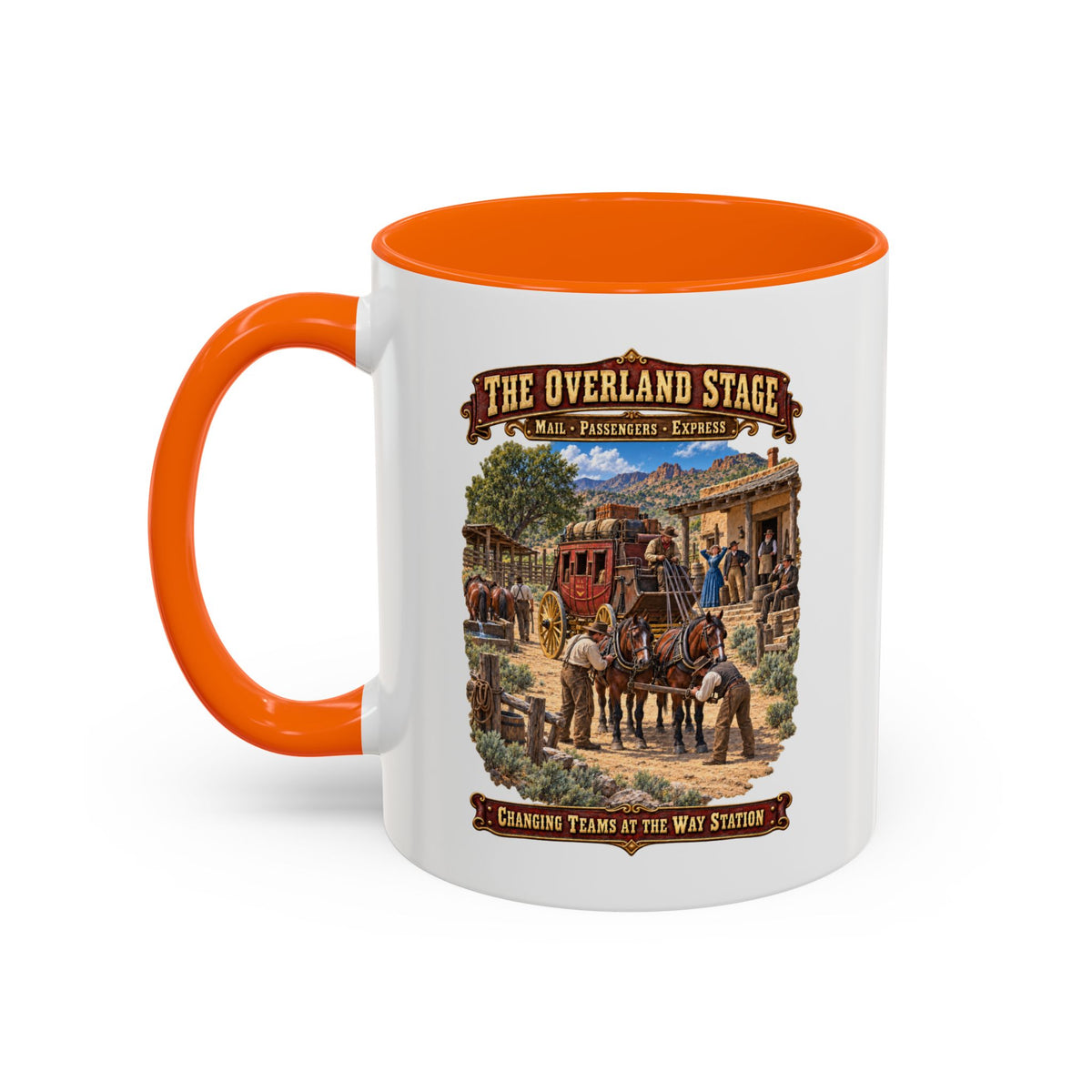 Accent Coffee Mug (11, 15oz) - Overland Stage - Changing Teams at the Way Station - 3D - Enhanced