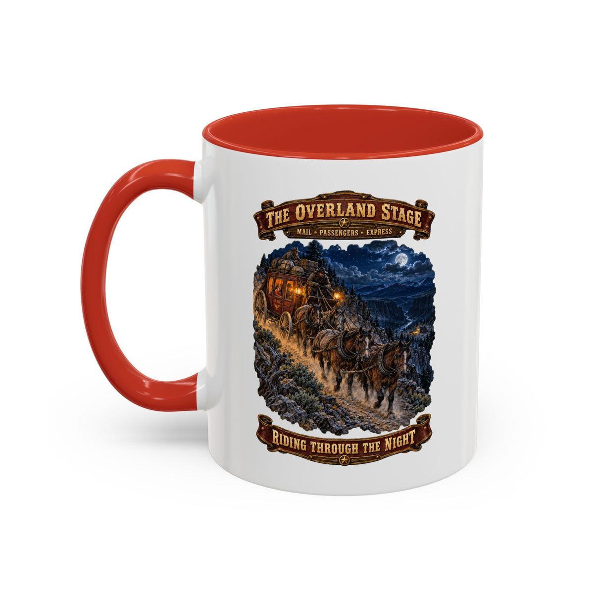 Accent Coffee Mug (11, 15oz) - Overland Stage - Robbers on the Trail - 3D - Enhanced