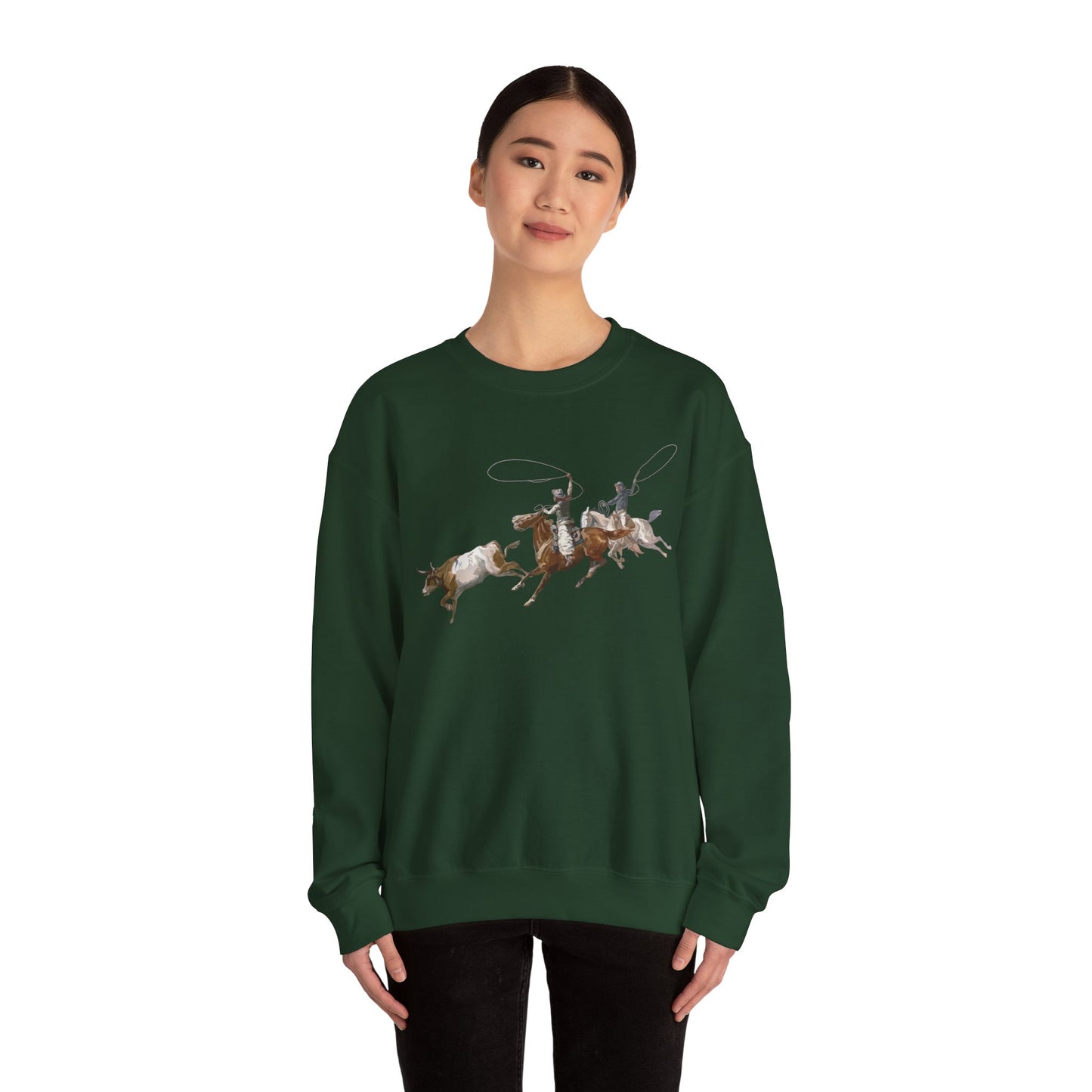 Crewneck Sweatshirt - 2 Cowboys Roping 1 Longhorn X 300