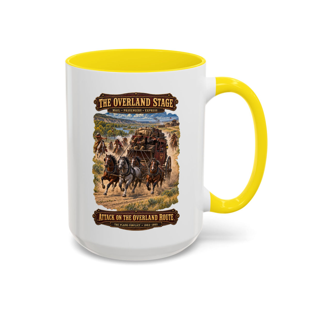Accent Coffee Mug (11, 15oz) - Overland Stage - Indian Attack on the Trail - 3D - Enhanced