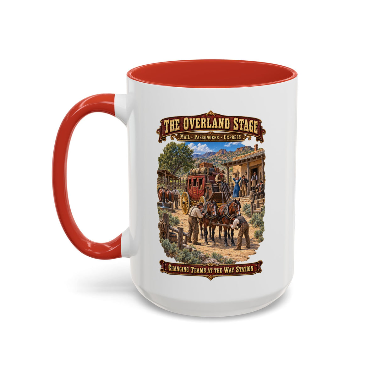 Accent Coffee Mug (11, 15oz) - Overland Stage - Changing Teams at the Way Station - 3D - Enhanced