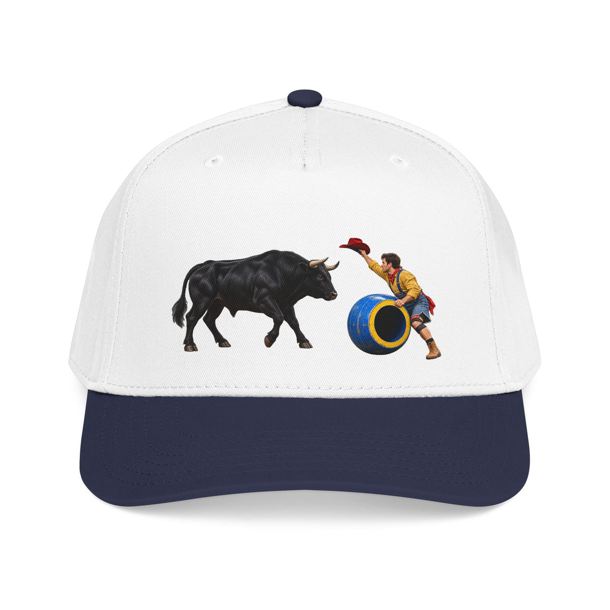 Mid Profile Baseball Cap — Cowboys - Clown Teasing Bull, Barrel - 3D Transparent