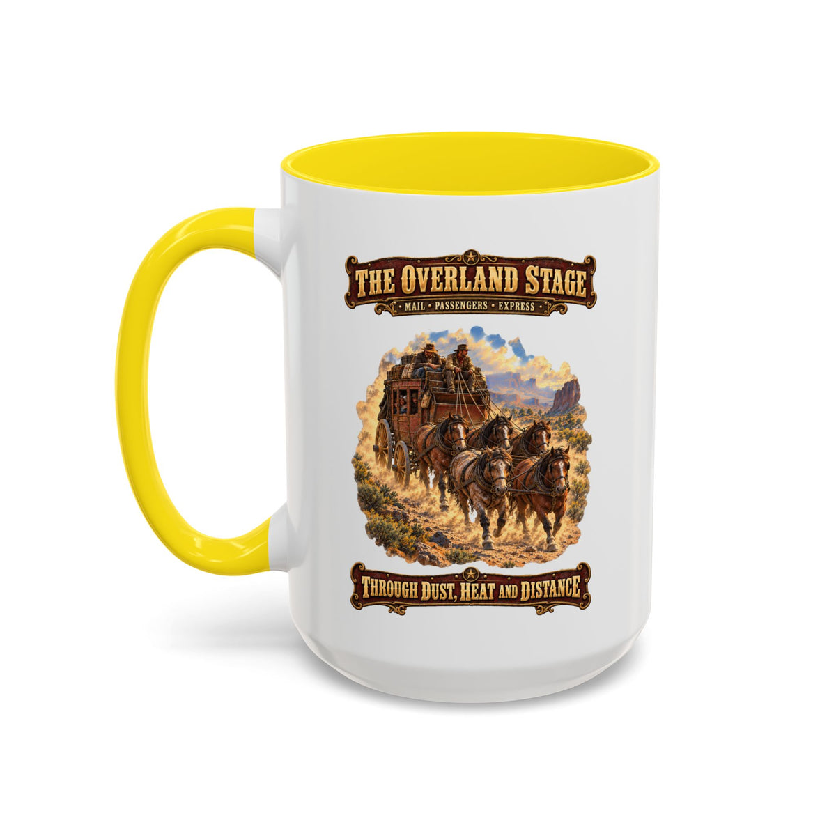 Accent Coffee Mug (11, 15oz) - Overland Stage - Dusty Trails - 3D - Enhanced