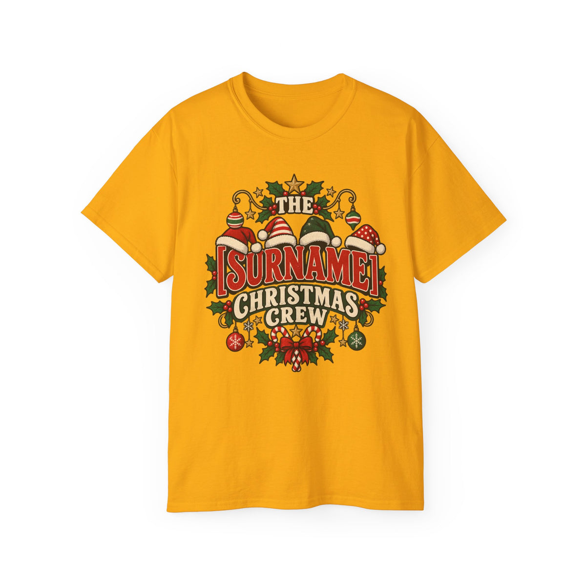 Unisex Ultra Cotton Tee - Retro Christmas Crew Crest with Santa Hats - Free Customization