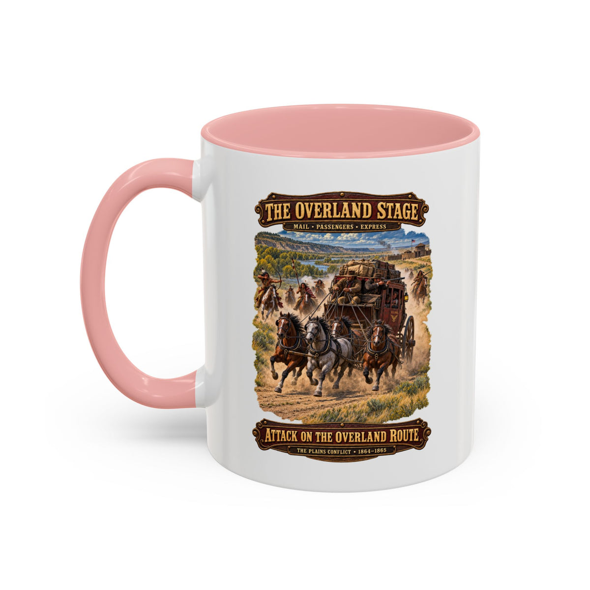 Accent Coffee Mug (11, 15oz) - Overland Stage - Indian Attack on the Trail - 3D - Enhanced