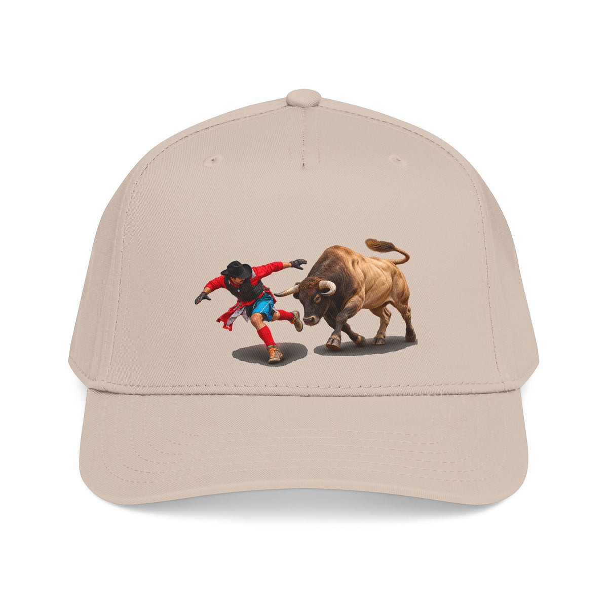 Mid Profile Baseball Cap — Cowboys - Bull Chasing Clown - Ground Shadow - without Text - 3D Transparent