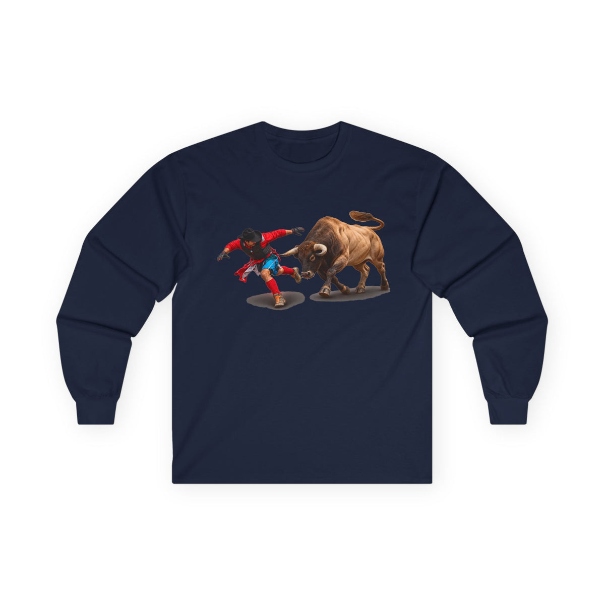 Unisex Ultra Cotton Long Sleeve Tee - Cowboys - Bull Chasing Clown - Ground Shadow - without Text - 3D Transparent