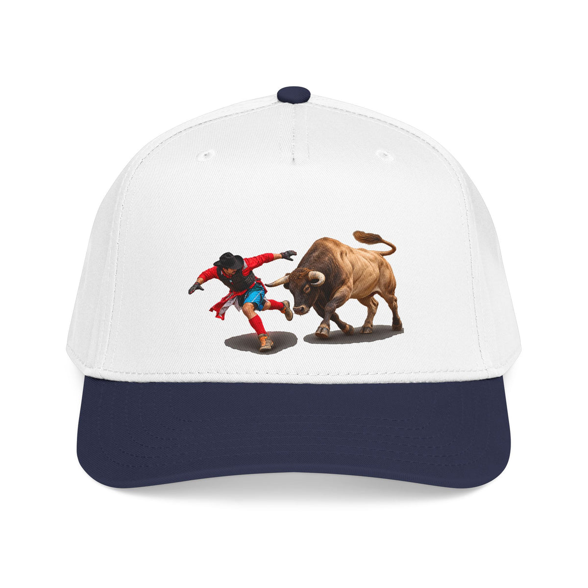 Mid Profile Baseball Cap — Cowboys - Bull Chasing Clown - Ground Shadow - without Text - 3D Transparent