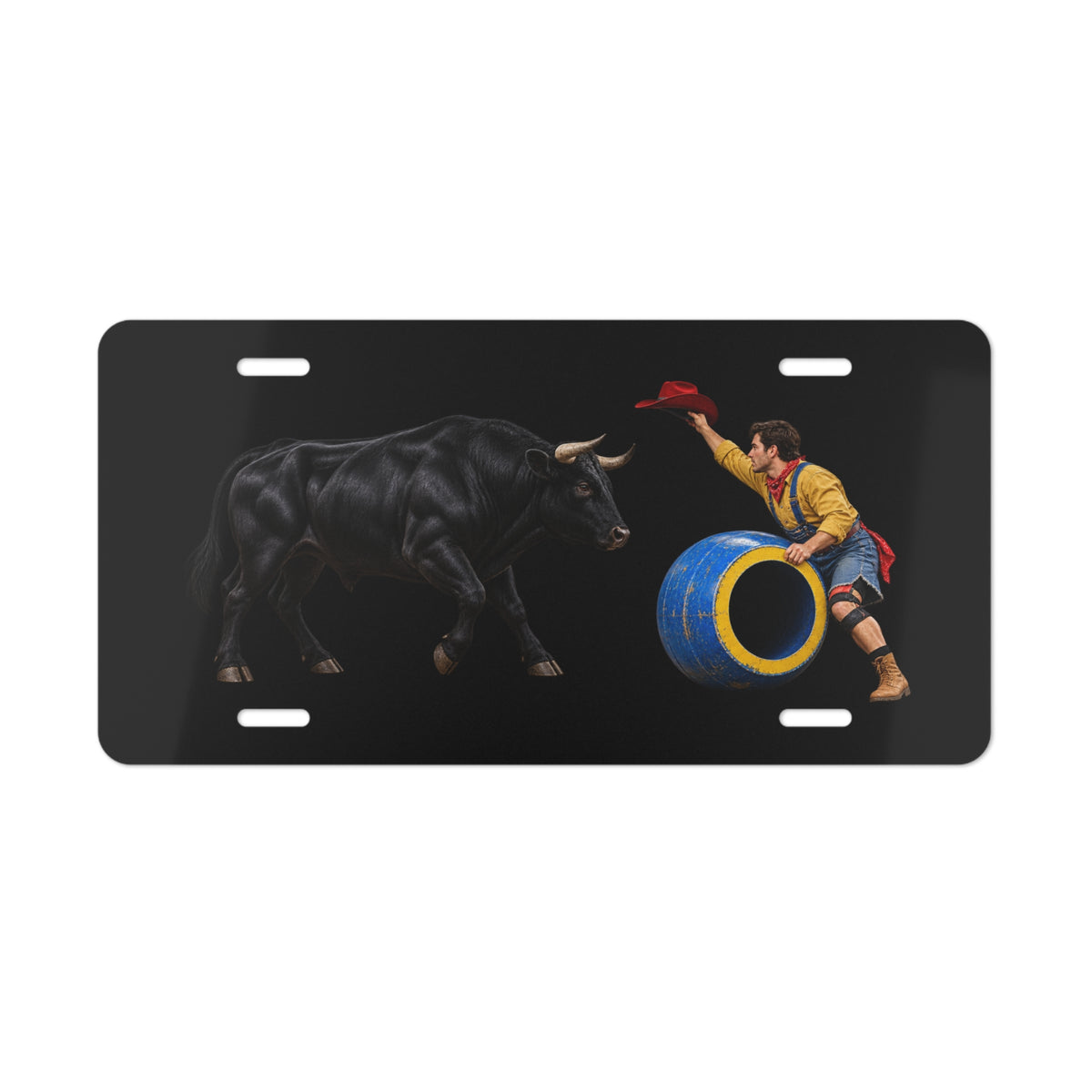 Vanity License Plate - Cowboys - Clown Teasing Bull, Barrel - 3D Transparent