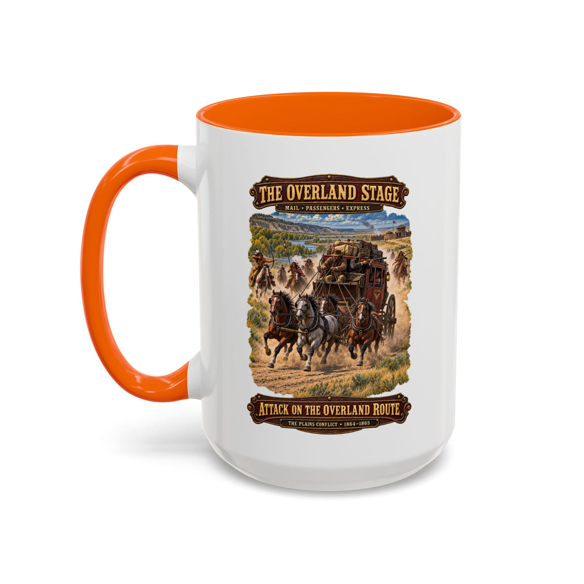 Accent Coffee Mug (11, 15oz) - Overland Stage - Indian Attack on the Trail - 3D - Enhanced