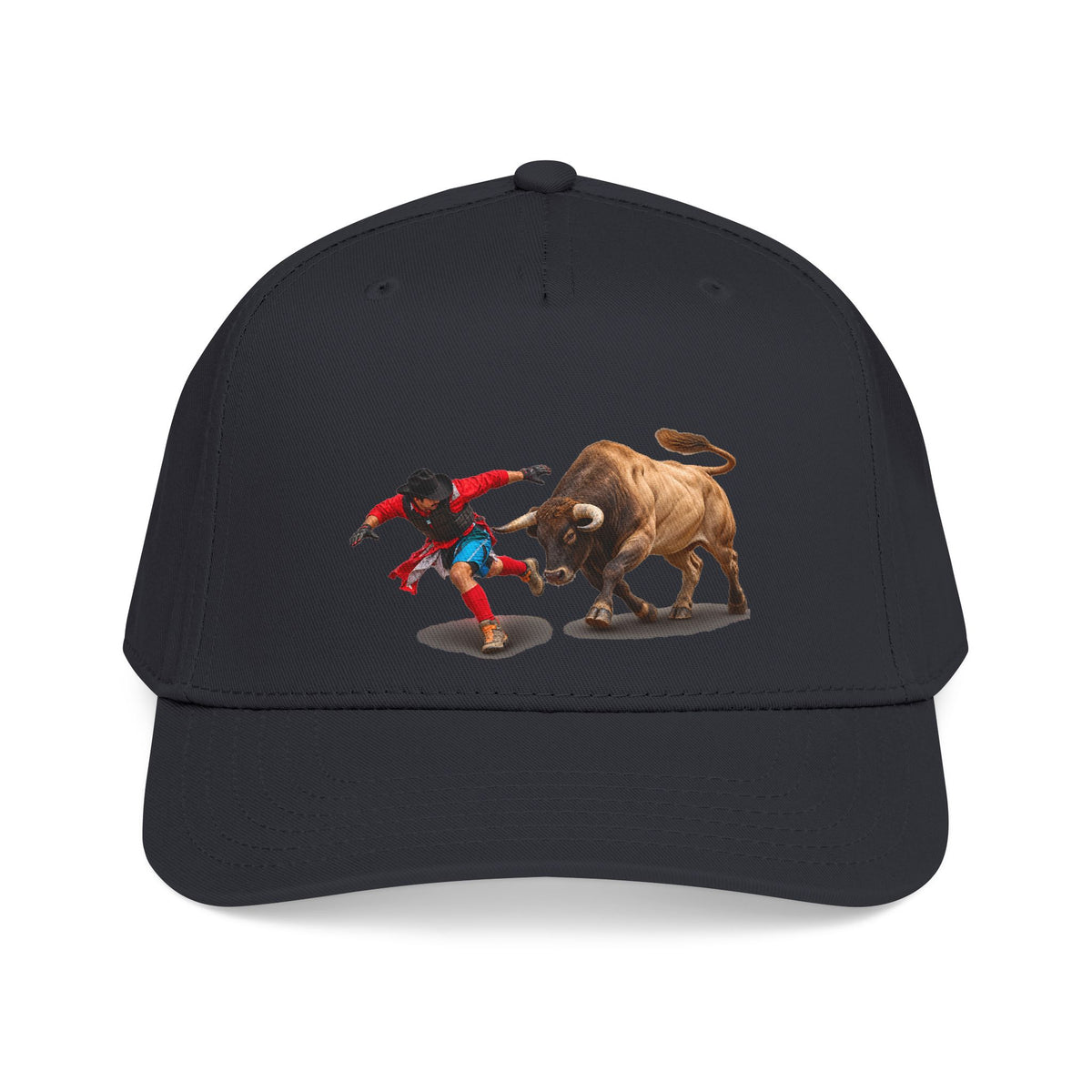 Mid Profile Baseball Cap — Cowboys - Bull Chasing Clown - Ground Shadow - without Text - 3D Transparent