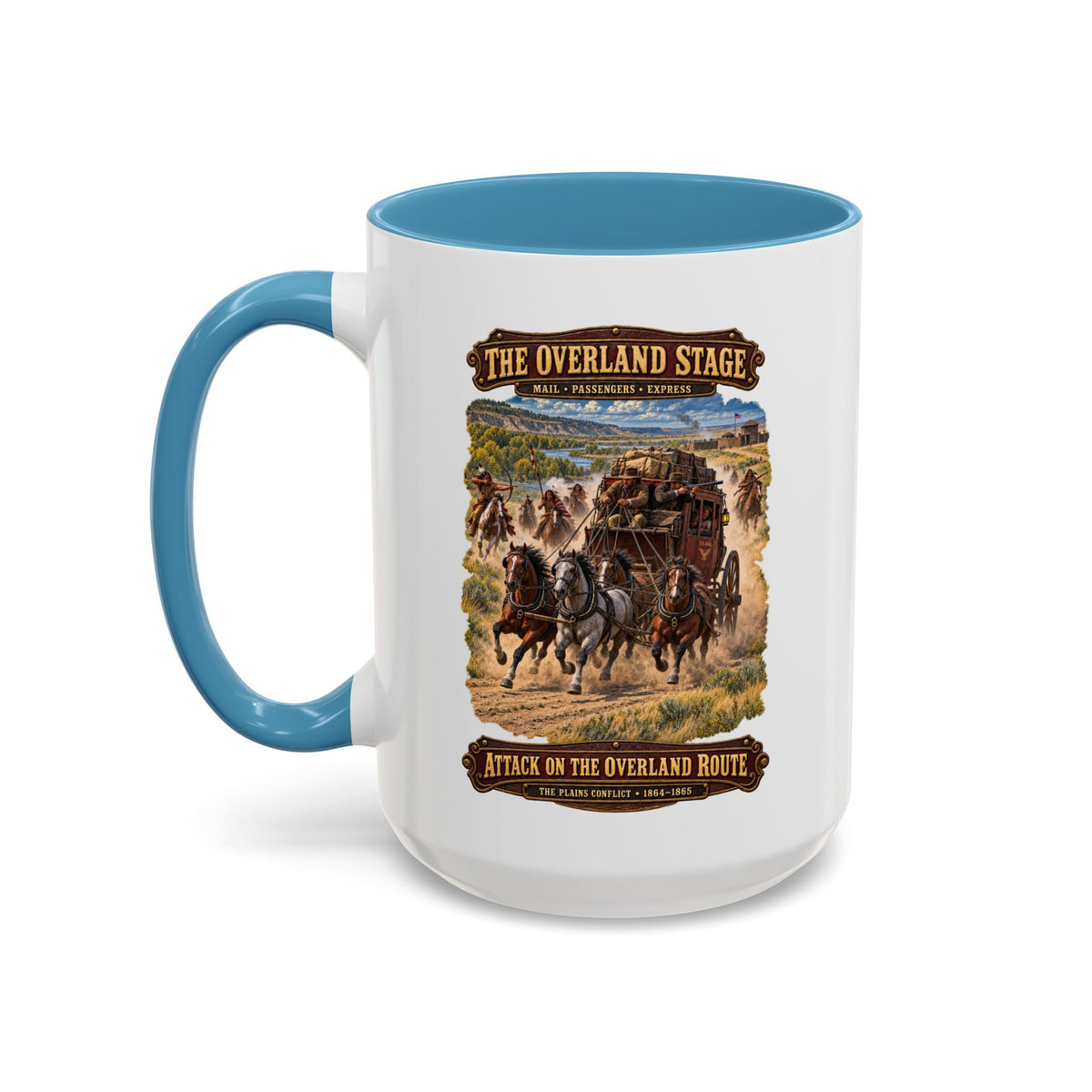 Accent Coffee Mug (11, 15oz) - Overland Stage - Indian Attack on the Trail - 3D - Enhanced
