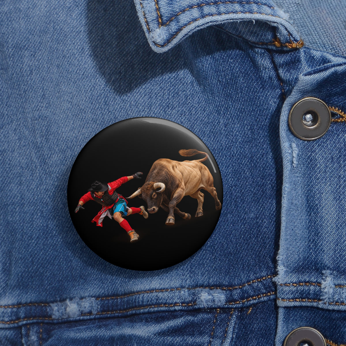 Custom Pin Buttons - Cowboys - Bull Chasing Clown - Ground Shadow - without Text - 3D Transparent