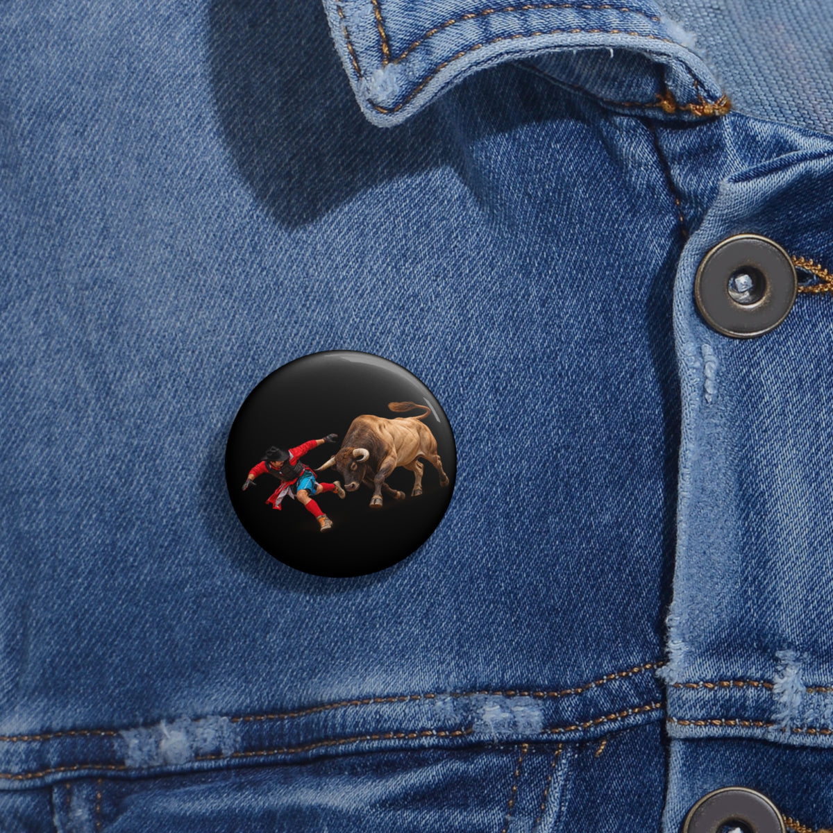 Custom Pin Buttons - Cowboys - Bull Chasing Clown - Ground Shadow - without Text - 3D Transparent