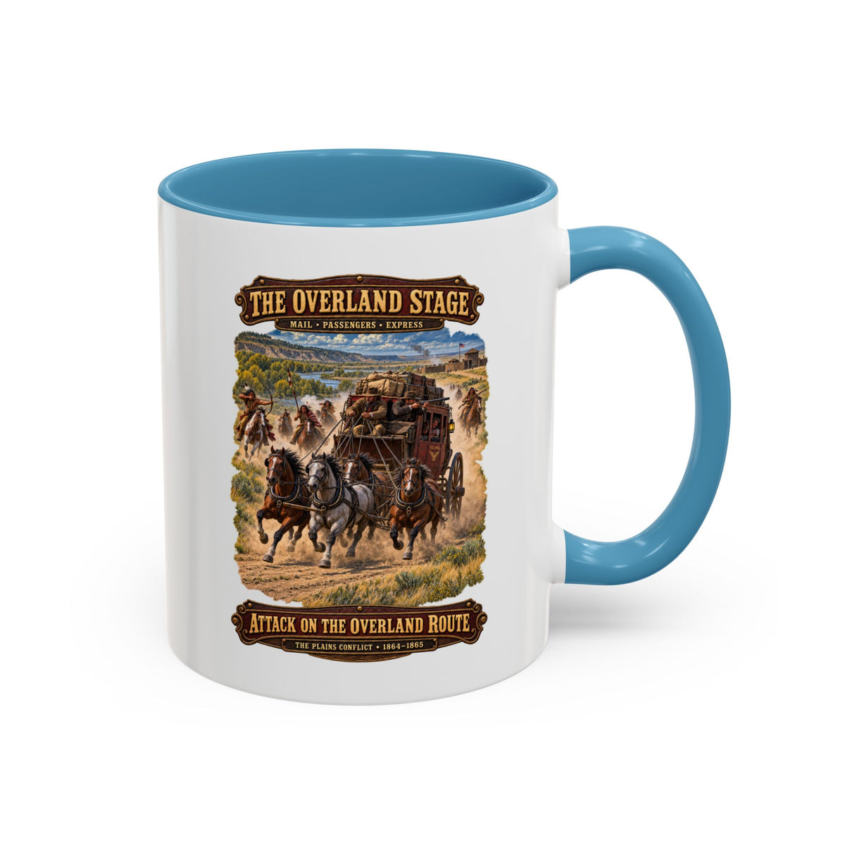 Accent Coffee Mug (11, 15oz) - Overland Stage - Indian Attack on the Trail - 3D - Enhanced