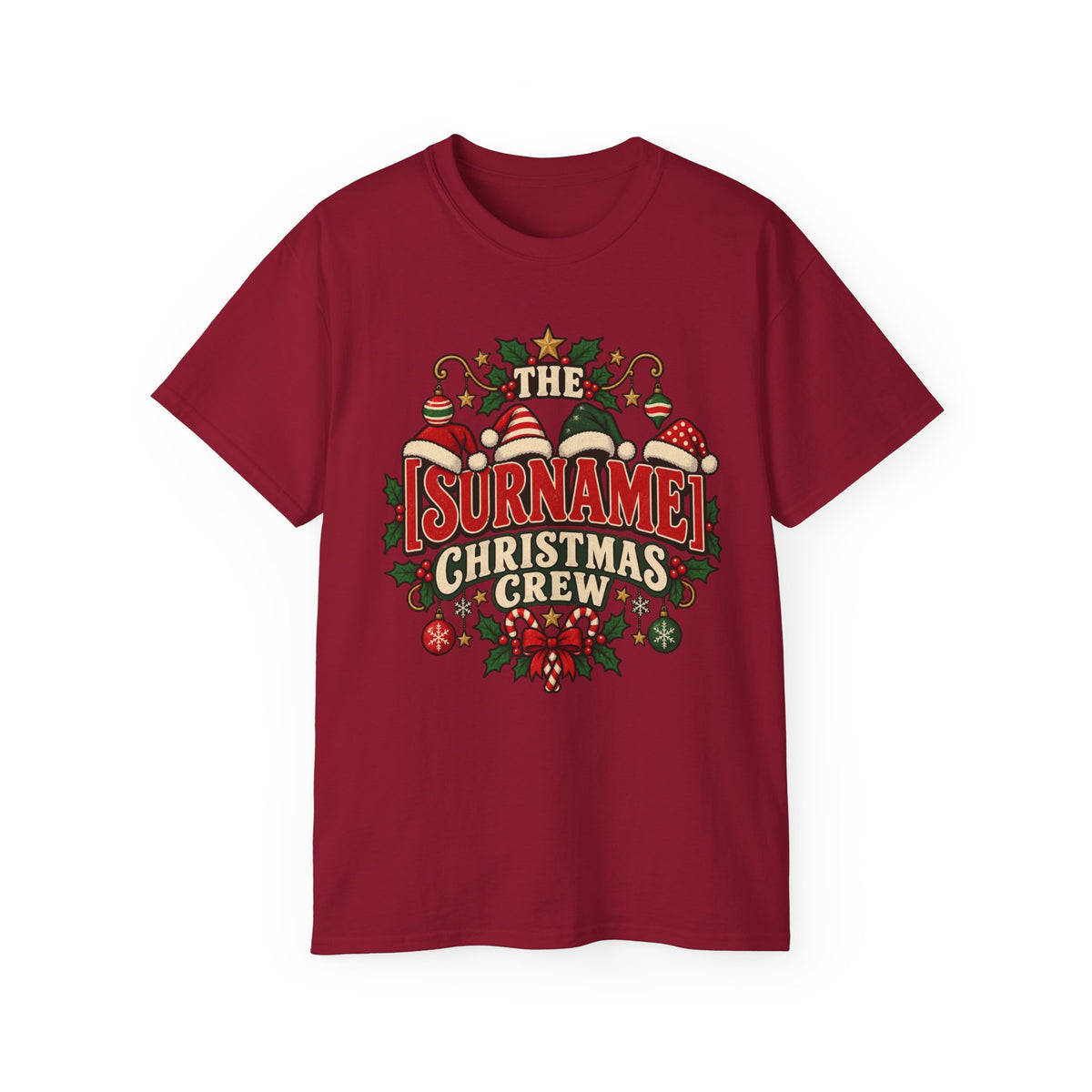 Unisex Ultra Cotton Tee - Retro Christmas Crew Crest with Santa Hats - Free Customization