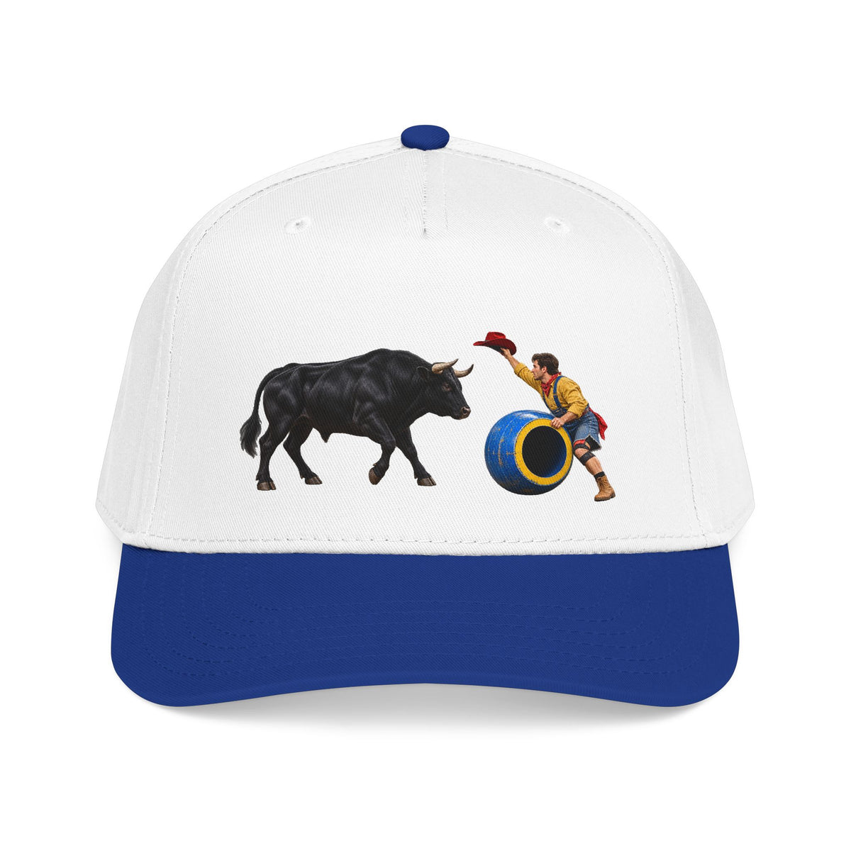 Mid Profile Baseball Cap — Cowboys - Clown Teasing Bull, Barrel - 3D Transparent