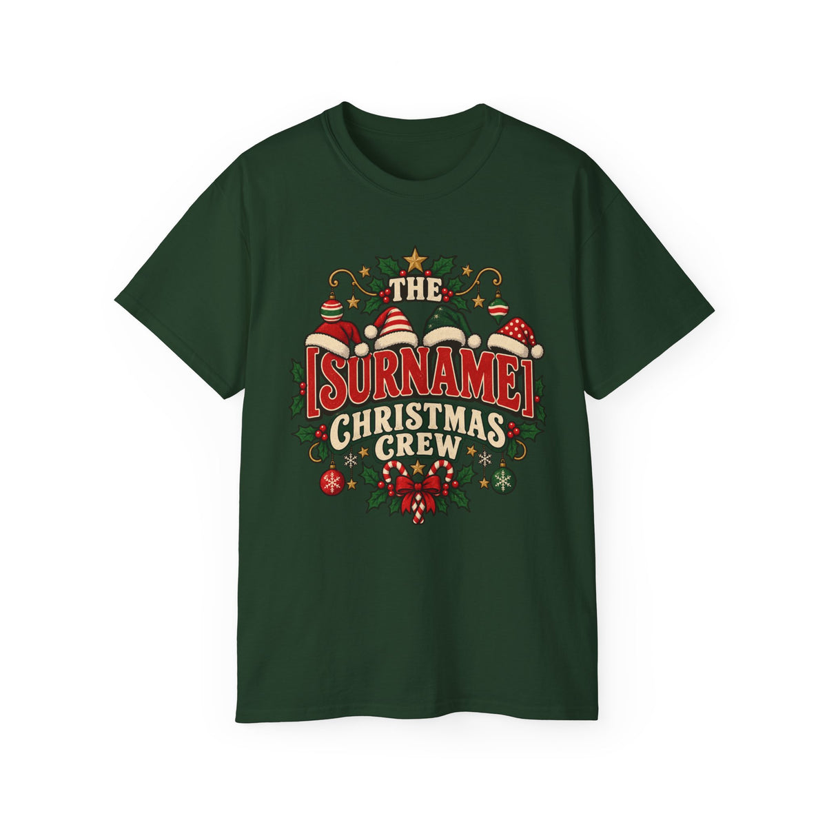 Unisex Ultra Cotton Tee - Retro Christmas Crew Crest with Santa Hats - Free Customization