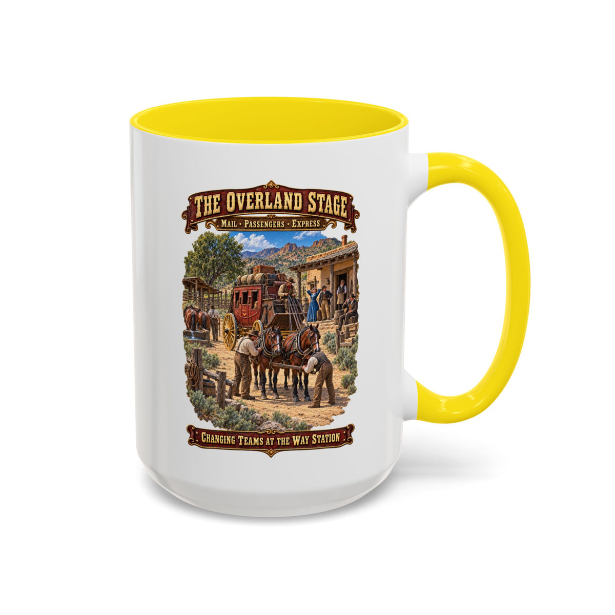 Accent Coffee Mug (11, 15oz) - Overland Stage - Changing Teams at the Way Station - 3D - Enhanced