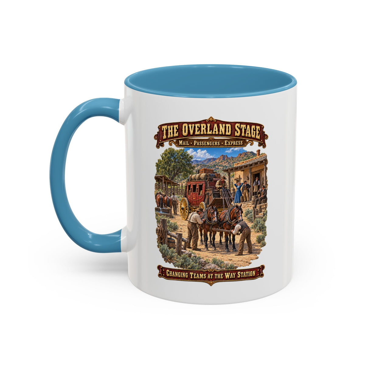 Accent Coffee Mug (11, 15oz) - Overland Stage - Changing Teams at the Way Station - 3D - Enhanced