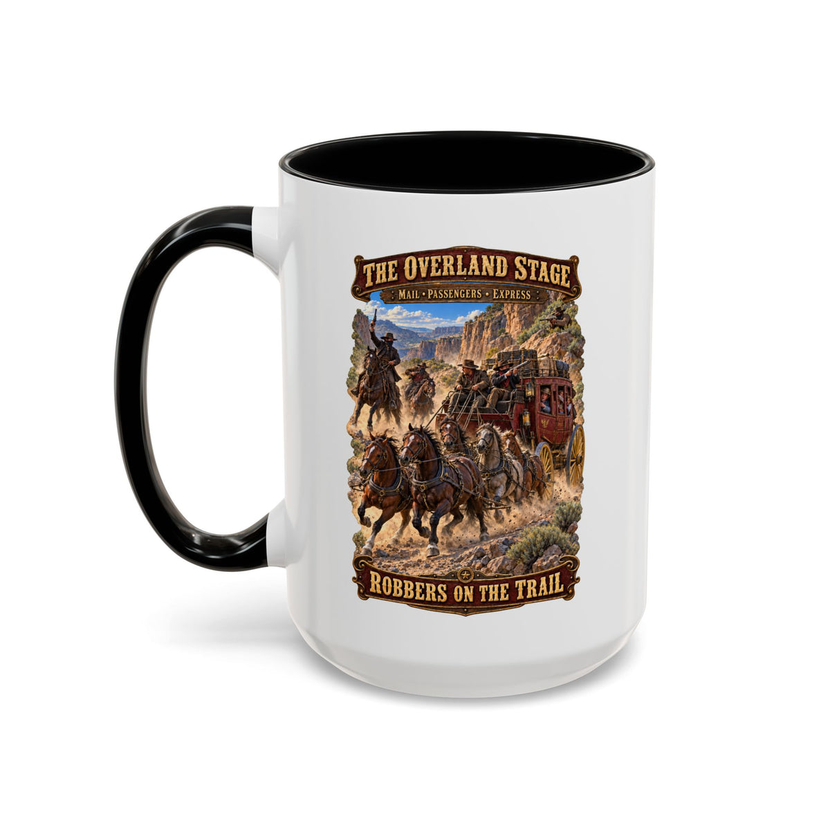 Accent Coffee Mug (11, 15oz) - Overland Stage - Robbers on the Trail - 3D - Enhanced