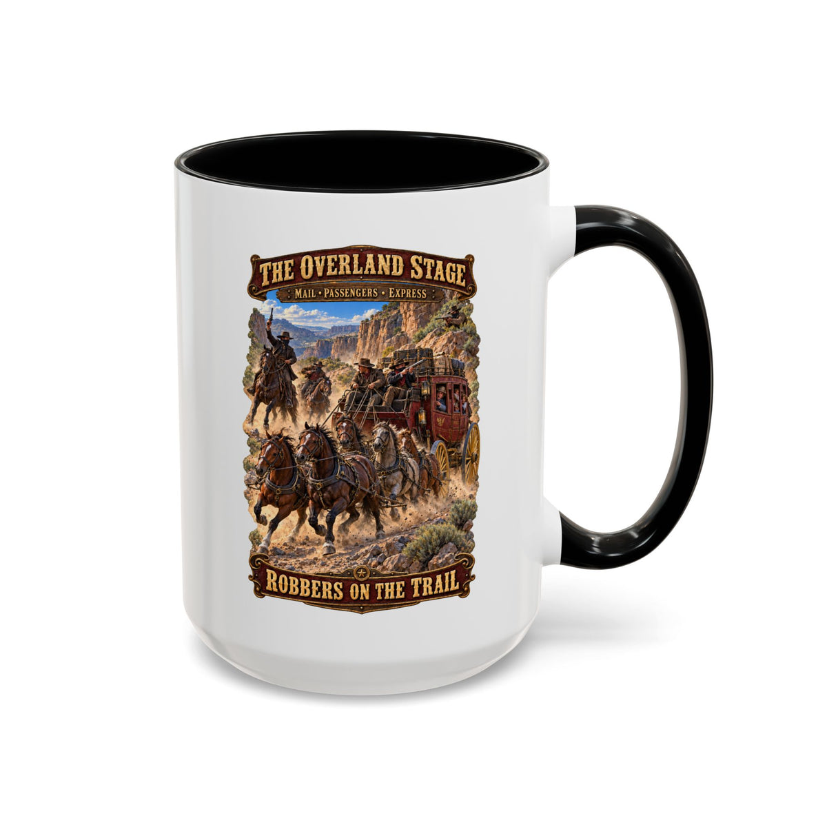 Accent Coffee Mug (11, 15oz) - Overland Stage - Robbers on the Trail - 3D - Enhanced